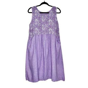 100% LINO Made in Italy Lavender Sleeveless Knee Length Dress Floral Crochet Top